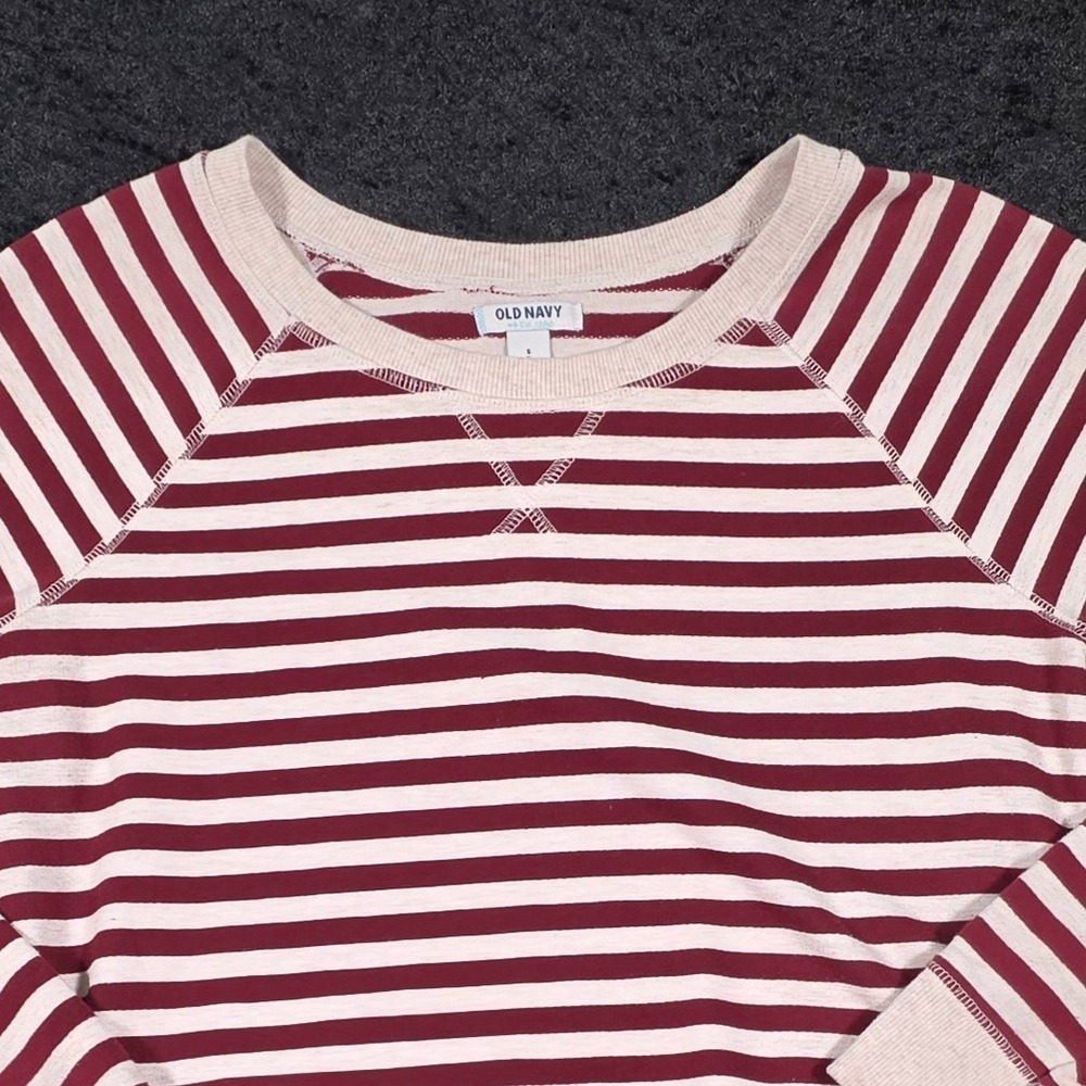 Old Navy Womens Small Burgundy Cream Striped Raglan French Terry Sweatshirt